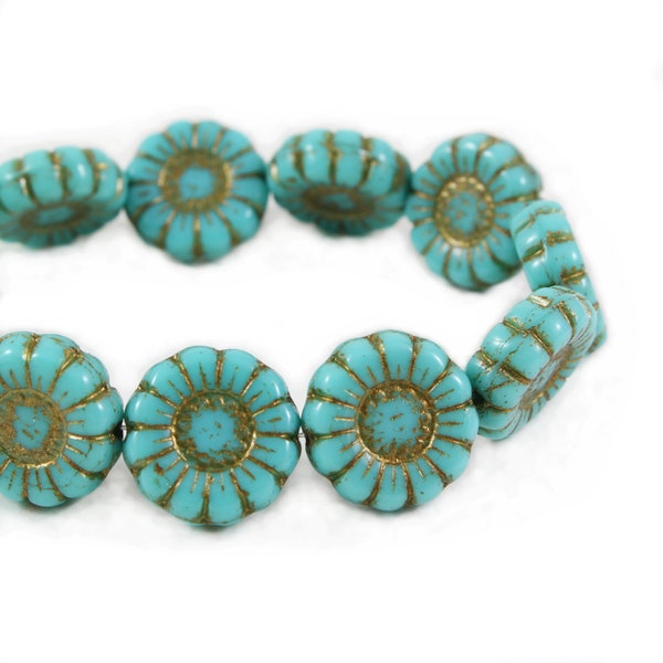 Czech Glass Sunflower Beads - Turquoise Blue Opaque with Dark Bronze Wash - 13mm - 6 or 12 Beads