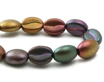 Czech Glass Coffee Bean Beads - Oval Shape Beads - Metallic Rainbow Mix - 11x8mm - 12 Beads