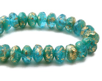 Czech Glass Rondelle Beads - Peruvian Opal Mix Transparent and Opaque with Antique Gold Finish - 7x5mm - 25 Beads
