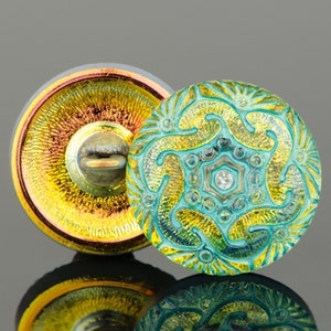 Czech Glass 18mm Round Spiral Button -  Golden Orange Iridescent with Turquoise Wash