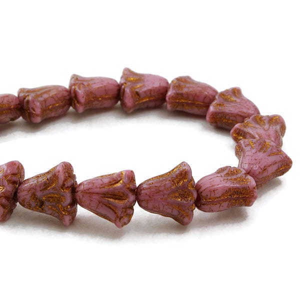 Czech Glass 9x10mm Lily Flower Beads - Vintage Pink Silk with Dark Bronze Wash - 15 Beads