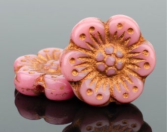 Czech Glass Wild Rose Flower Beads - Pink Opaque with Copper Wash - 14mm - 6 or 12 Beads