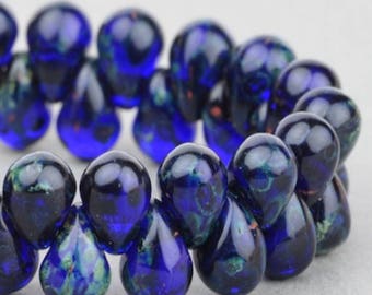 Czech Glass Pressed Drop Beads - Czech Glass Beads - Cobalt Blue Transparent with Picasso - 6x4mm - 50 Beads