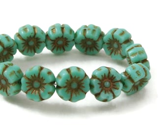 Czech Glass  Hibiscus Flower Beads - Hawaiian Flower Beads - Turquoise Opaque with Dark Bronze Wash - 7mm - 12 beads