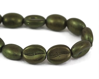 Czech Glass Coffee Bean Beads - Oval Shape Beads - Green Opaque with Metallic Finish - 11x8mm - 12 Beads