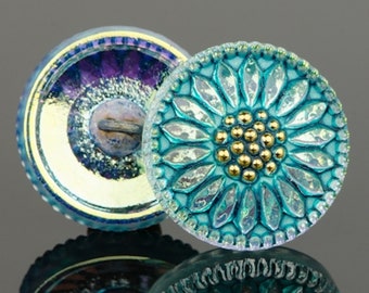 Tschechische Glas 18mm Runde Sonnenblume Button - Gänseblümchen Blume Knopf - Aqua schillernd mit Türkis waschen und Gold Farbe