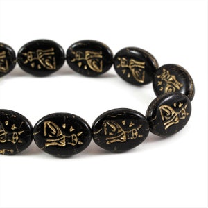 Czech Glass Oval Beads with Egyptian Cat Design - Jet Black Opaque with Gold Wash - 16x12mm - 6 or 12 Beads