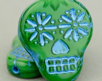 Czech Glass Sugar Skull Beads - Green Silk With Blue Wash - 20x17mm - 4 or 10 Beads