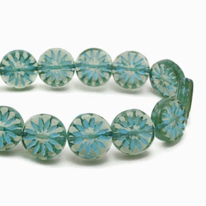 Czech Glass Aster Flower Coin Beads - Tourmaline Green Transparent with Turquoise Wash - 12mm - 15 Beads