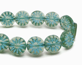 Czech Glass Aster Flower Coin Beads - Tourmaline Green Transparent with Turquoise Wash - 12mm - 5 or 15 Beads