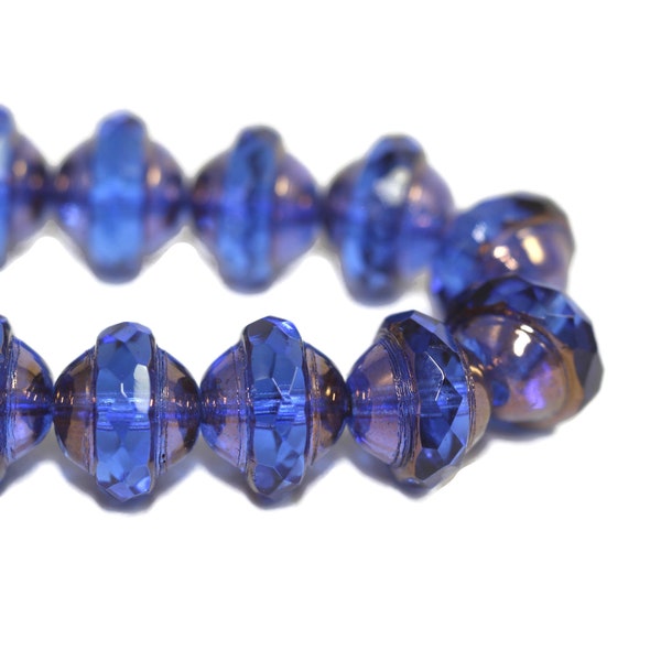 Czech Glass Saturn Beads - Transparent Sapphire with a Bronze Finish - 8x10mm - 10 Beads