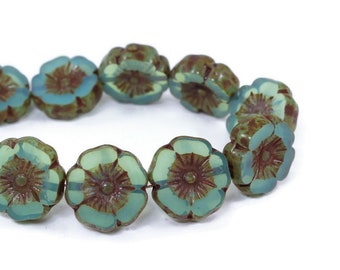 Czech Glass Hibiscus Flower Beads - Aqua Blue Uranium Opaline Glass with Picasso Finish - 12mm - 6 or 12 Beads