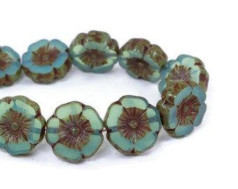 Czech Glass Hibiscus Flower Beads - Aqua Blue Opaline with Picasso Finish - 12mm - 6 or 12 Beads