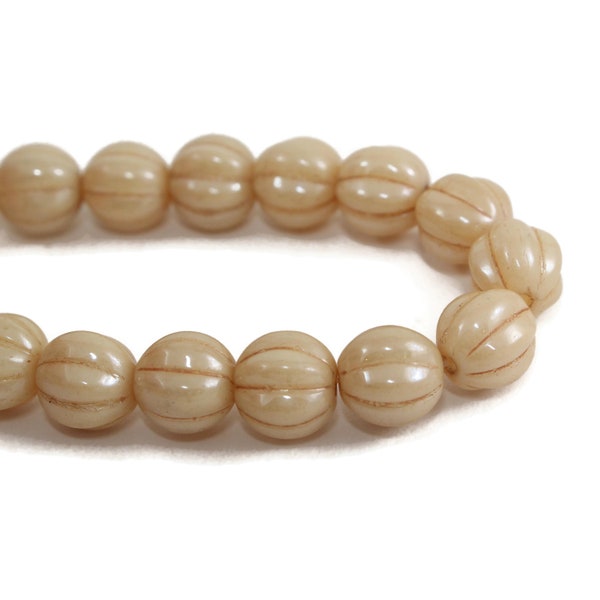 Czech Glass Melon Beads - Ridged Surface Beads - Opaque Champagne with Luster Finish - 8mm - 25 Beads