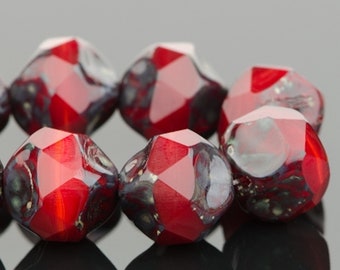 Czech Glass Baroque Central Cut Beads - Red Opaline with Picasso Finish - 9mm Beads - 15 Beads