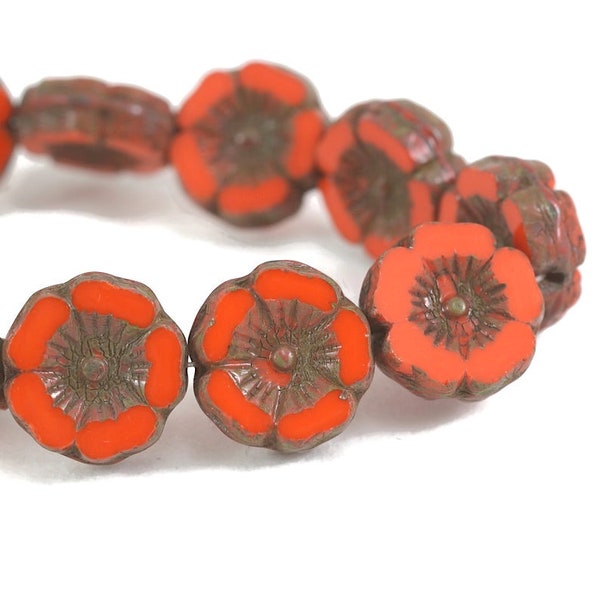 Czech Glass Hibiscus Flower Beads - Bright Orange Opaque with Picasso Finish - 12mm - 6 or 12 Beads