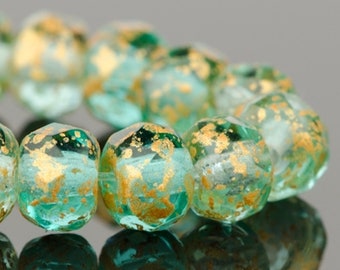 Czech Glass Rondelle Beads - Aqua Green Transparent with Antique Gold Finish - 5x3mm - 30 Beads