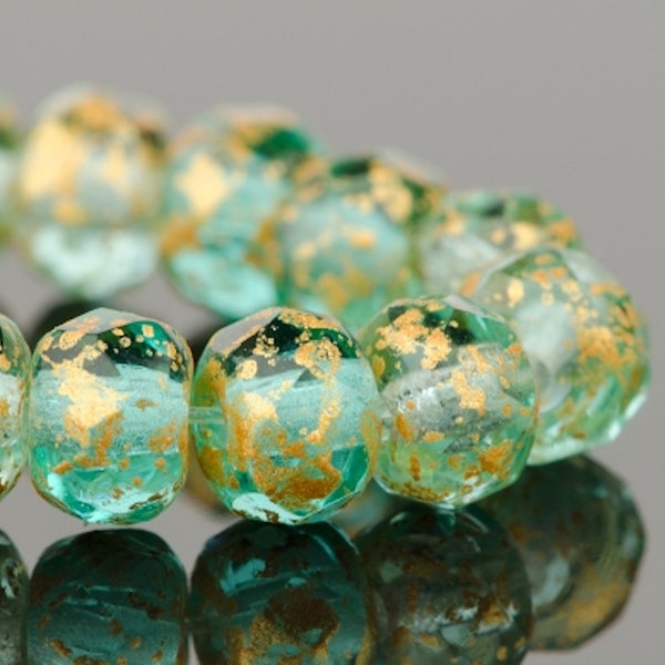Czech Glass Rondelle Beads - Aqua Green Transparent with Antique Gold Finish - 5x3mm - 30 Beads