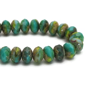 Czech Glass Rondelle Beads - Turquoise Opaque, Gaspeite Green Silk, and Aqua Transparent Mix with Picasso Finish - 9x6mm - 25 Beads