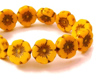 Czech Glass Hibiscus Flower Beads - Yellow Opaque with Dark Bronze Wash - 12mm - 6 or 12 Beads