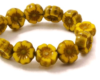 Czech Glass  Hibiscus Flower Beads - Hawaiian Flower Beads - Yellow Opaque with Bronze Finish - 7mm - 12 beads