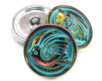 Czech Glass 18mm Round Bird Design Button - Orange Gold with Turquoise Wash - 18mm