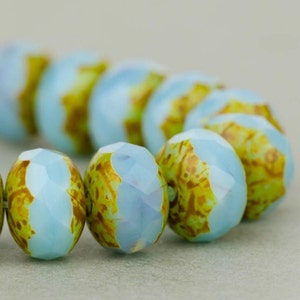 Czech Glass Beads -  Aqua Blue Silk with Picasso - Czech Glass Rondelles - 9x6mm - 25 Beads