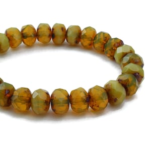 Czech Glass Rondelle Beads - Amber Opaline with Picasso - 9x6mm - 25 Beads