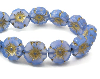 Czech Glass Hibiscus Flower Beads - Sapphire Blue Opaline with Gold Wash - 12mm - 6 or 12 Beads