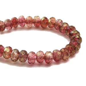 Czech Glass Beads - Czech Glass Rondelles - Fuchsia Pink and Crystal Transparent Mix with Pink/Gold Luster Finish - 5x3mm - 30 Beads