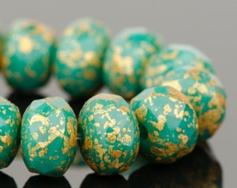 Czech Glass Rondelle Beads - Green Turquoise Opaque with Antique Gold Finish - 5x3mm - 30 Beads