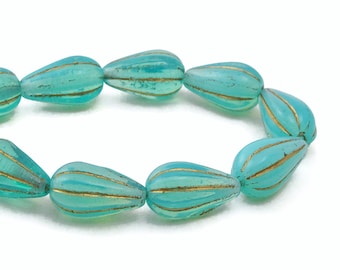 Czech Glass Tear Drop Dangle Melon Beads - Aqua Blue Opaline with Gold Wash (Version 2) - 13x8mm - 10 Beads