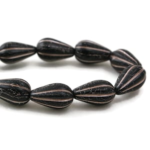 Czech Glass Tear Drop Dangle Melon Beads - Jet Black Opaque Matte with Platinum Wash - 13x8mm - 10 Beads