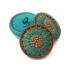 Czech Glass 18mm Round Sunflower Button - Daisy Flower Button - Aqua Blue Coral Red Rim with Gold Wash with Platinum Paint