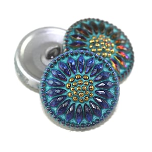 Czech Glass 18mm Round Sunflower Button -  Daisy Flower Button - Blue Iridescent with Aqua Wash and Gold Paint