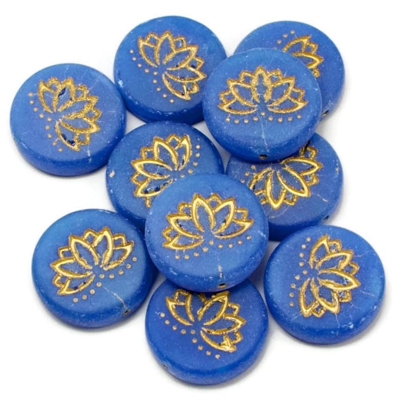 Czech Glass Lotus Flower Coin Beads Lapis Blue Matte With Etsy