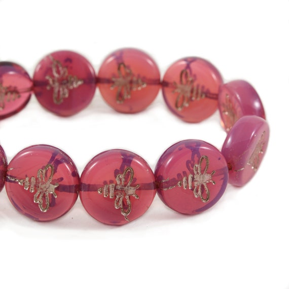 Czech Glass Pressed Coin Beads With Bee Honeybee Beads Pink