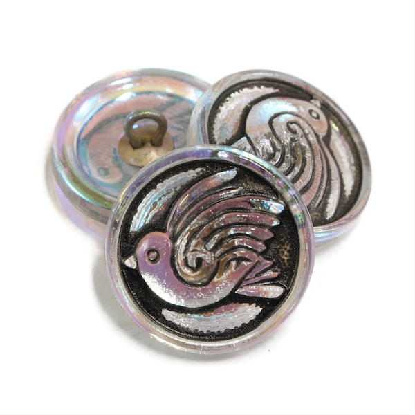 Czech Glass 18mm Round Bird Design Button - Aurora Borealis Iridescent Antiqued - 18mm