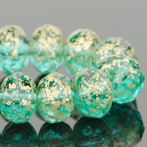 Czech Glass Rondelle Beads - Aquamarine Green Transparent with Antique Gold Finish - 9x6mm - 25 Beads