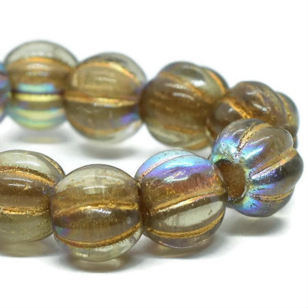Czech Glass LARGE HOLE Melon Beads - Gold with an AB Finish and Gold Wash - 8mm - 20 Beads