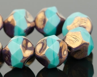 Czech Glass Baroque Central Cut Beads - Turquoise Opaque with Brighter Bronze Finish -  9mm Beads - 15 Beads