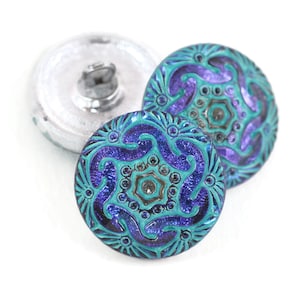Czech Glass 18mm Round Spiral Button -  Electric Blue/Purple with Aqua Wash
