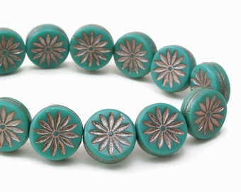 Czech Glass Aster Flower Coin Beads - Turquoise Opaque with Platinum Wash - 12mm - 5 or 15 Beads