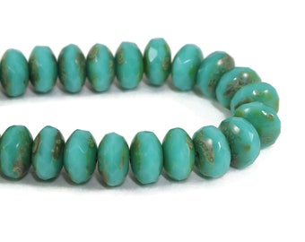 Czech Glass 7x5mm Rondelle Beads - Turquoise Opaque with Picasso Finish - 7x5mm - 25 Beads