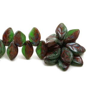 Czech Glass Medium Leaf Beads - Transparent Kelly Green and Red Mix with Picasso Finish - 12x8mm - 20 Beads