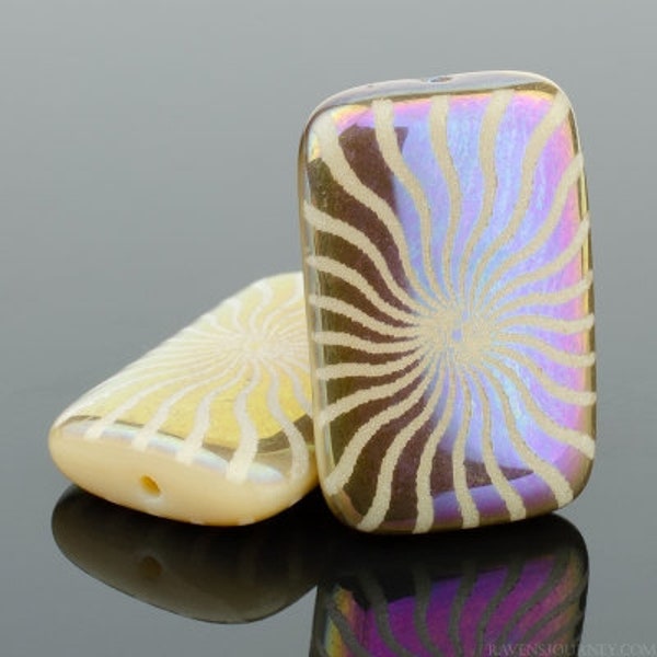 Czech Glass Rectangle Beads - Ivory Opaque with Rainbow Finish and Laser Etched Spiral Sun Design - 19x12mm - 6 Beads