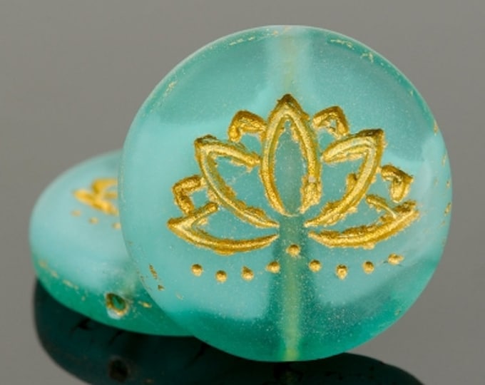 Czech Glass Lotus Flower Coin Beads White Core Aqua Green Transparent