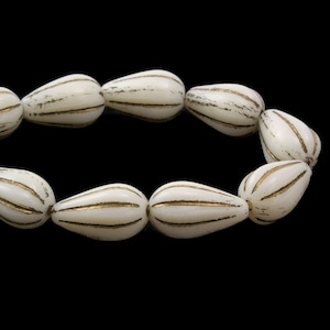 Czech Glass Tear Drop Dangle Melon Beads - Ivory Opaque with Gold Wash - 13x8mm - 10 Beads