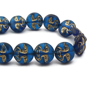 Czech Glass Moon Face Beads - Celestial Beads - Deep Blue Transparent Matte with Gold Wash - 13mm - 15 Beads