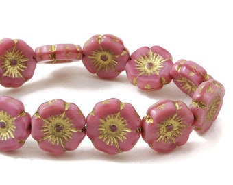 Czech Glass Hibiscus Flower Beads - Pink Silk with Gold Wash - 12mm - 6 or 12 Beads